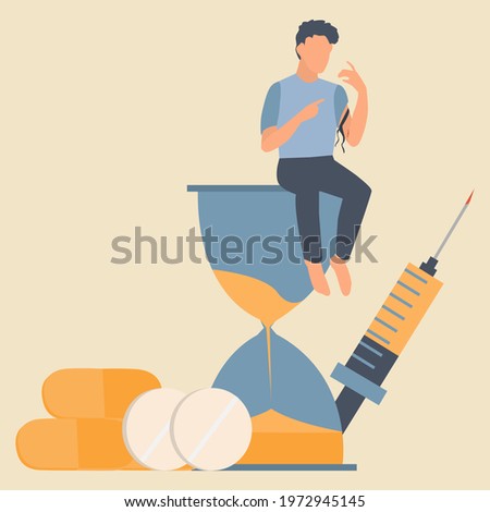 Drug addicted Broken Man using heroin and sitting on the hourglass with giant syringe and pill on background. Concept of people with heavy drug addiction. Flat vector illustration.
