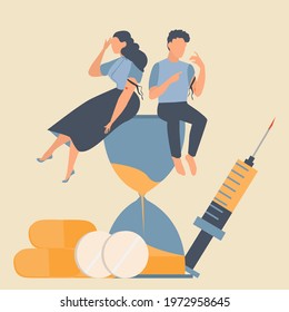 Drug addicted Broken Man and Woman using heroin and sitting on the hourglass with giant syringe and pill on background. Concept of people with heavy drug addiction. Opiate use. Vector illustration.