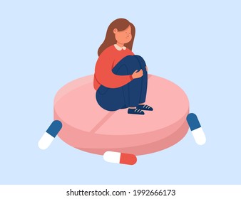 Drug addicted girl sitting on huge pill flat vector illustration. Woman having depression, taking hormonal pills. Depression, antidepressants concept