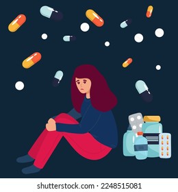 Drug addicted girl sitting on huge pill flat vector illustration. Woman having depression, taking hormonal pills. Depression, antidepressants concept