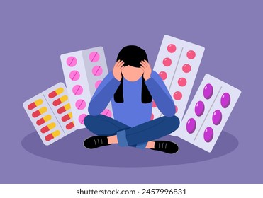 Drug addicted girl sitting with pill in flat design. Woman having depression, taking hormonal pills. Depression, antidepressants concept.