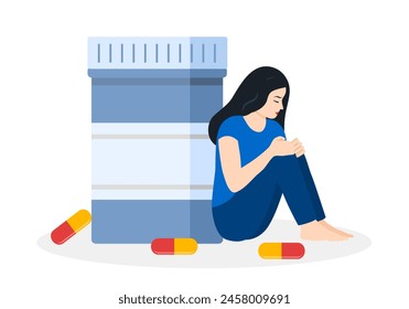 Drug addicted girl sitting with pill in flat design. Woman having depression, taking hormonal pills. Depression, antidepressants concept.