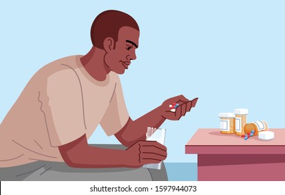 Drug addicted man flat vector illustration. Chronic pain medication. Mental illness. Dependence to psychotropic substances. Opiate use. Young man going to take pills cartoon character