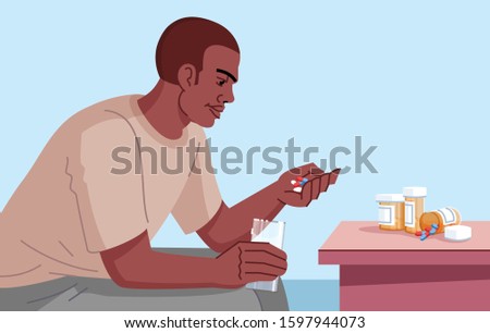 Drug addicted man flat vector illustration. Chronic pain medication. Mental illness. Dependence to psychotropic substances. Opiate use. Young man going to take pills cartoon character
