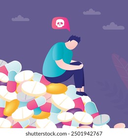 Drug addicted man sitting on heap of pills, healthcare medicine addiction concept. Antidepressant treatment, medication dependence concept. flat vector illustration