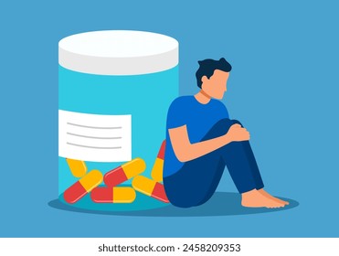 Drug addicted man sitting with pill in flat design. Guy having depression, taking pills. Depression, antidepressants concept.