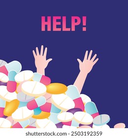 Drug addicted man under heap of pills, healthcare medicine addiction concept. Antidepressant treatment, medication dependence concept. sick and addicted man need help. flat vector illustration