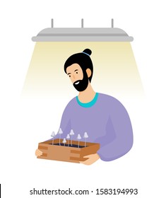 Drug addicted person. Man planting psychedelic mushrooms. Health danger. Vector illustration in cartoon style.
