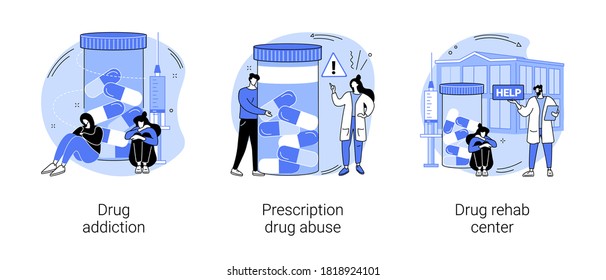 Drug Addiction Abstract Concept Vector Illustration Set. Drug Monitoring, Prescription Medication Abuse, Rehab Center, Overdose, Therapy Clinic, Ankle Bracelet, Detox Abstract Metaphor.