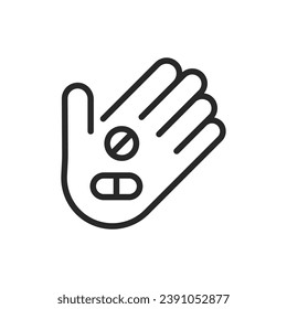 Drug Addiction Antidepressants Intake Icon. Vector Outline Editable Isolated Sign of a Hand Holding Various Pills, Symbolizing the Challenges and Realities of Medication Dependency and Mental Health.