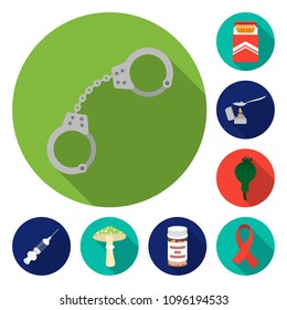 Drug addiction and attributes flat icons in set collection for design. Addict and Drug vector symbol stock web illustration.