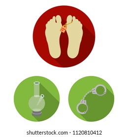Drug addiction and attributes flat icons in set collection for design. Addict and Drug vector symbol stock web illustration.
