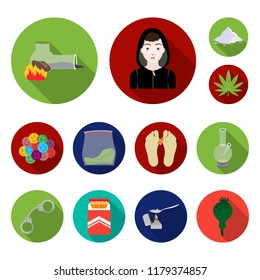 Drug addiction and attributes flat icons in set collection for design. Addict and Drug vector symbol stock web illustration.