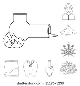 Drug addiction and attributes outline icons in set collection for design. Addict and Drug vector symbol stock web illustration.