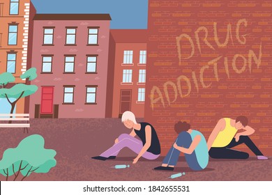 Drug addiction composition with three drug addicts sit in the alley with syringes vector illustration