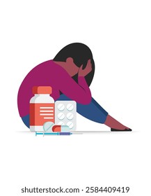 Drug Addiction Concept With Pills, Syringe, Capsules And Pill Bottles. Young Depressed Woman Suffering From Drug Addiction stock illustration