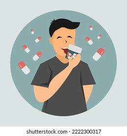 drug addiction, drug addiction, diet pills, antidepressants, a person licks a package of pills, jar of capsules, treatment for depression and psychological disorders, anxiety and personality disorder
