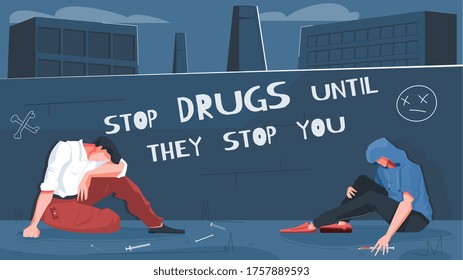 Composición plana de adicción a las drogas con paisaje de fondo de la ciudad y caracteres humanos con ilustración de jeringuillas y vectores de texto
