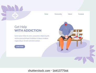 Drug addiction help concept vector illustration website. Man with medications pills, tablets, ampoules sits on bench. Internet, landing page banner. Healthcare, treatment, psychological support.