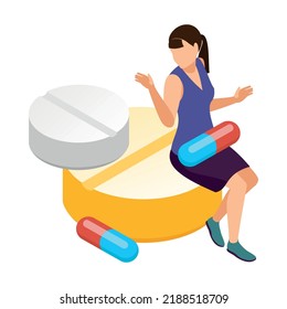 Drug addiction isometric concept with woman surrounded by pills and capsules 3d vector illustration