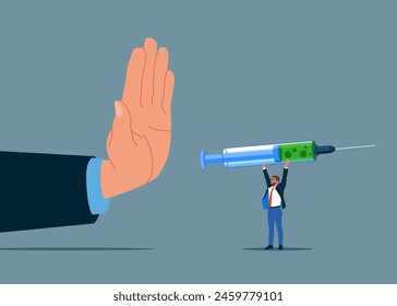 Drug addiction and refused hand. Hand offers drug to person refuses vector illustration.
