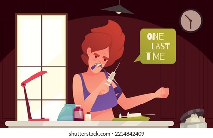 Drug Addiction Scene With Young Female Making Injection Cartoon Vector Illustration