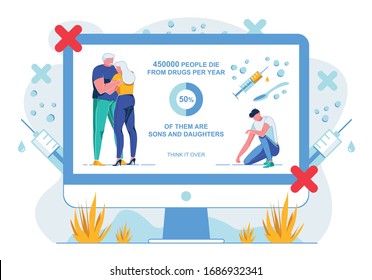 Drug Addiction Victims Flat Vector Illustration. Grieving Parents Mourning Dying Drug Addicted Child Cartoon Character. Deaths Caused By Narcotics Dependence Stats. Anti Drugs Awareness Campaign