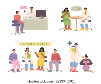 Drug Addicts Treatment Center. People are consulting a doctor and having a group meeting. flat vector illustration.