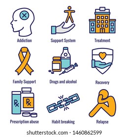 Drug & Alcohol Dependency Icon Set With Support, Recovery, And Treatment