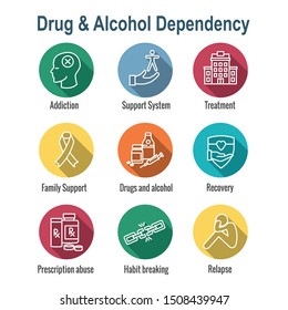 Drug & Alcohol Dependency Icon Set With Support, Recovery, And Treatment