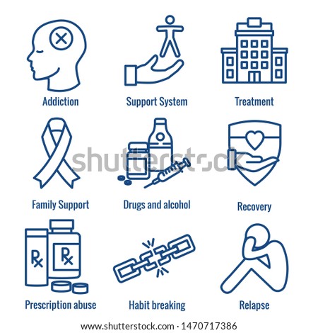 Drug & Alcohol Dependency Icon Set with support, recovery, and treatment