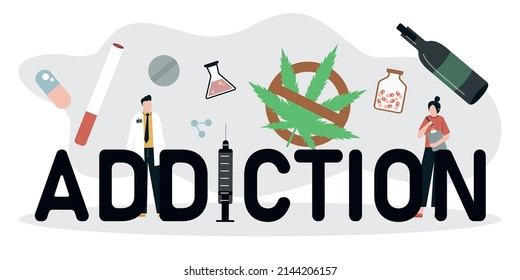 Drug, alcohol and tobacco addiction. Doctors provide help for abuse people with addictions. Narcological and alcoholical center addicted people. Medical health care and treatment. Vector illustration