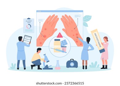 Drug allergy vector illustration. Cartoon tiny people diagnose symptoms of medical pills intolerance on skin of patients hands, doctors recommend antihistamine ointment for treatment of dermatitis