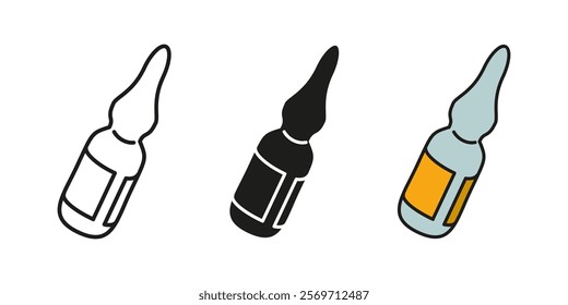 Drug ampule icon. Injection vial or phial vector illustration. Vaccine symbol. Liquid medicines container sign. Eye drops or nasal spray bottle pictogram. Pharmacy ampule isolated concept.