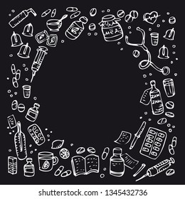 Drug background. Medicine doodle pattern. Hand drawn Drugs. Health care illustration. 