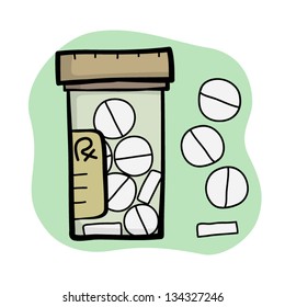 drug bottle with many tablets, vector cartoon, illustration, isolated objects