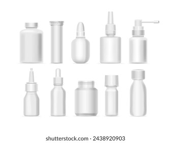 Drug Bottles Mockup. Isolated 3d Vector Set Of Pharmaceutical Packaging Realistic Design For Presentations And Marketing