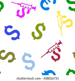 Drug Business vector seamless repeatable pattern. Style is flat drug business and dollar symbols on a transparent background.