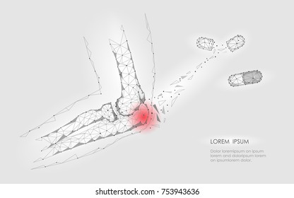 Drug capsule cure elbow joint disease. Red pain area low poly geomentic future medicine concept technology. Innovation medicine science. Arm ulna injury polygonal connection vector illustration art