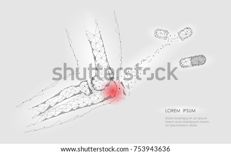 Drug capsule cure elbow joint disease. Red pain area low poly geomentic future medicine concept technology. Innovation medicine science. Arm ulna injury polygonal connection vector illustration art
