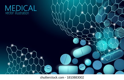 Drug capsule medicine business concept. Banner blue glowing medicament pill prebiotic probiotic ball health care cure illness. Antibiotic vitamin medical nutrition low poly vector illustration