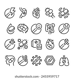Drug categories line black icons set. Signs for web page, mobile app, button, logo. Vector isolated buttons. Editable stroke.