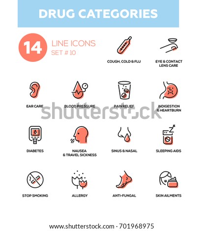 Drug categories - set of vector icons, pictograms. Cough, flu, eyes, ear care, pain relief, indigestion, diabetes, travel sickness, sleeping aids, stop smoking, allergy, anti-fungal, skin ailments