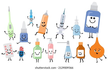 Drug characters tablet, drugs and medicament, syringe, thermometer and pill. medical care, drug pharmacy for healthcare illustration. Cartoon medicine mascot. Cute pills characters. 