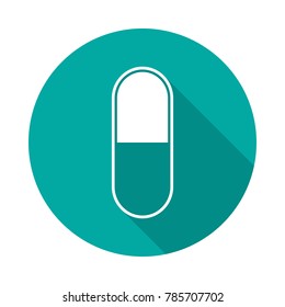 Drug circle icon with long shadow. Flat design style. Pill simple silhouette. Modern, minimalist, round icon in stylish colors. Web site page and mobile app design vector element.