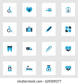 Drug Colorful Icons Set. Collection Of Temperature  , Bed, Handicapped Elements. Also Includes Symbols Such As Heart, Clinic, Dental.