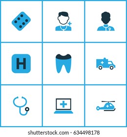 Drug Colorful Icons Set. Collection Of Dental, Help, Apparatus And Other Elements. Also Includes Symbols Such As Pellet, Stethoscope, Physician.
