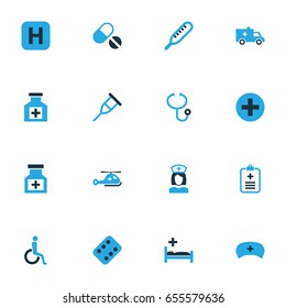 Drug Colorful Icons Set. Collection Of Ambulance, Pellet, Polyclinic Helipad And Other Elements. Also Includes Symbols Such As Tablets, Sign, Cure.