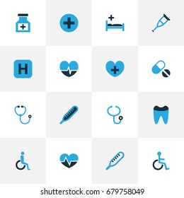 Drug Colorful Icons Set. Collection Of Heartbeat, Thermometer, Dental And Other Elements. Also Includes Symbols Such As Device, Remedy, Spike.