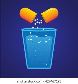 The drug content of the orange pill dissolving in a glass of water. Vector illustration